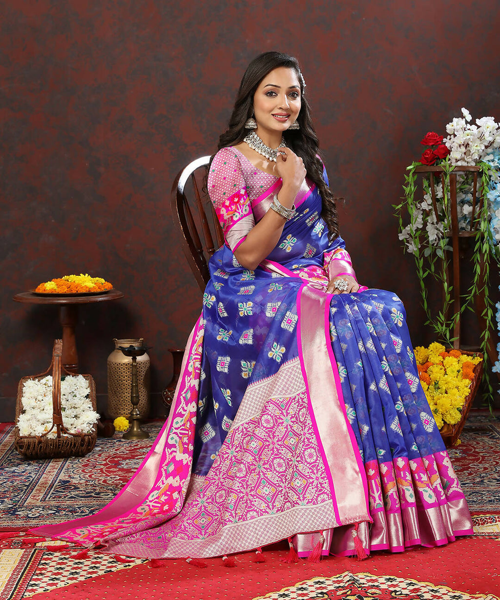 Lorenvalley Fashion Blue Organza Silk Woven Design with Meenakari Weaving Saree | Grocsy