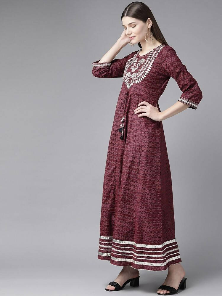 Yufta Women Maroon Geometric Printed Bell Sleeves Mirror Work Cotton Kurta | Grocsy