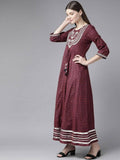 Yufta Women Maroon Geometric Printed Bell Sleeves Mirror Work Cotton Kurta | Grocsy