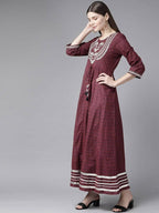 Yufta Women Maroon Geometric Printed Bell Sleeves Mirror Work Cotton Kurta | Grocsy
