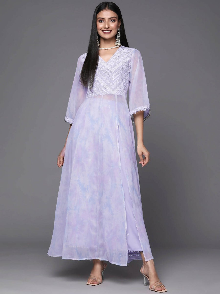 Ahalyaa Lavender & White Floral Printed High Slit Sequined Kurta with Palazzos | Grocsy