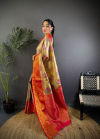 Elora Gold Silk Leheriya Meenakari Zari Weaves Dharmavaram Saree | Grocsy