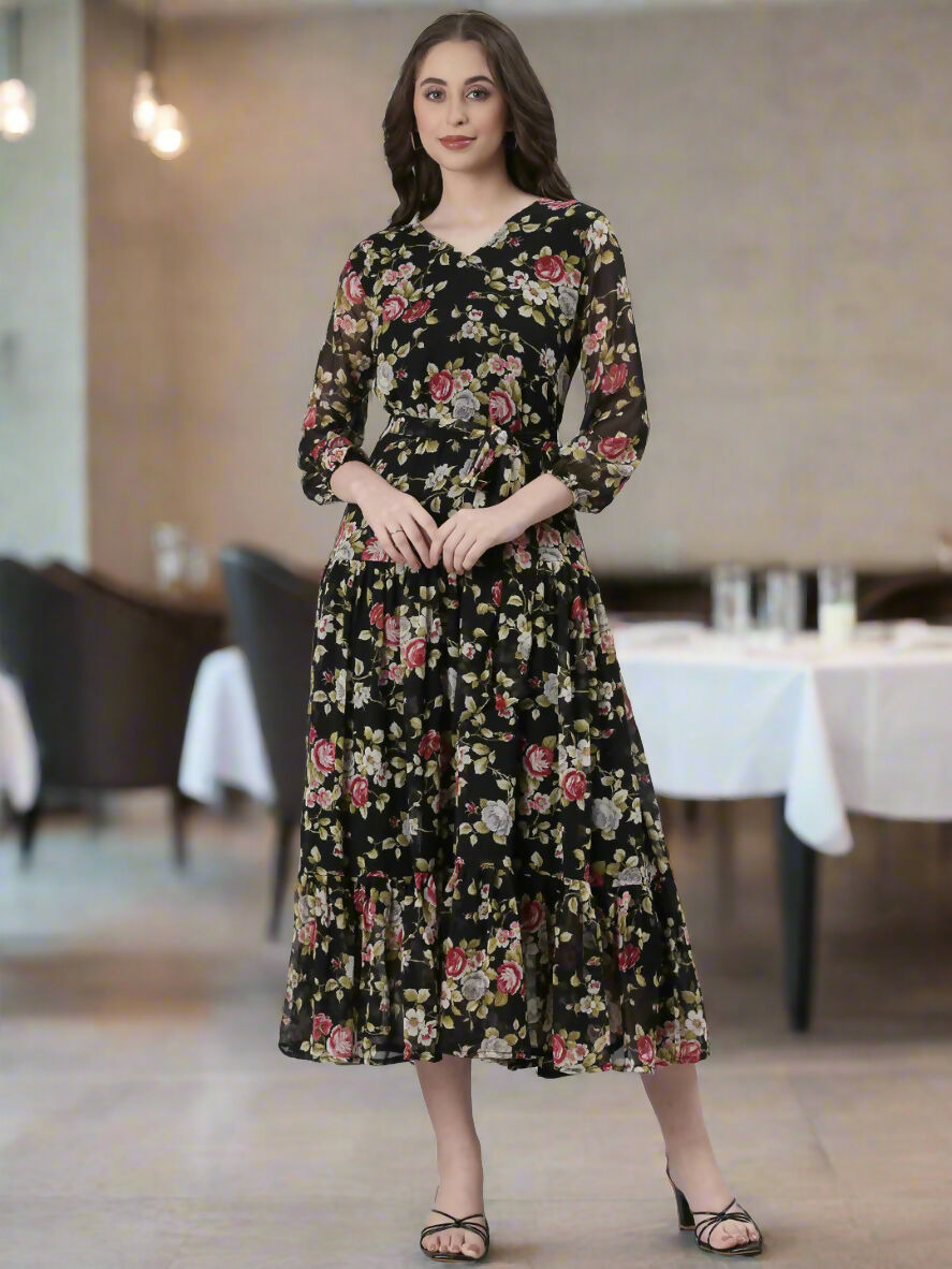 Souchii Black Floral Chiffon Dress | Grocsy