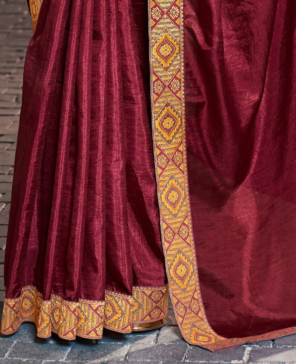 Dark Maroon Solid Vichitra Saree With Unstitched Blouse Piece - Selena | Grocsy