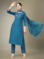 Jyoti Fashion Women's Morpich Cotton Blend Embroidery & Fancy Lace work Kurta with Trouser & Dupatta | Grocsy