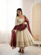 Teeya Creation Cream Cosmos Gold Lace Work Party Wear Gown | Grocsy