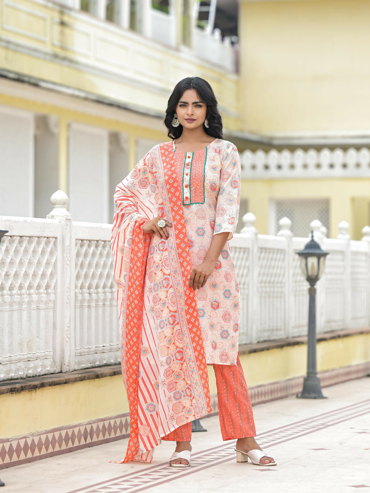 Juniper Women's Peach Floral Printed Cotton Kurta Pant With Dupatta Set With Sequins & Thread Work | Grocsy