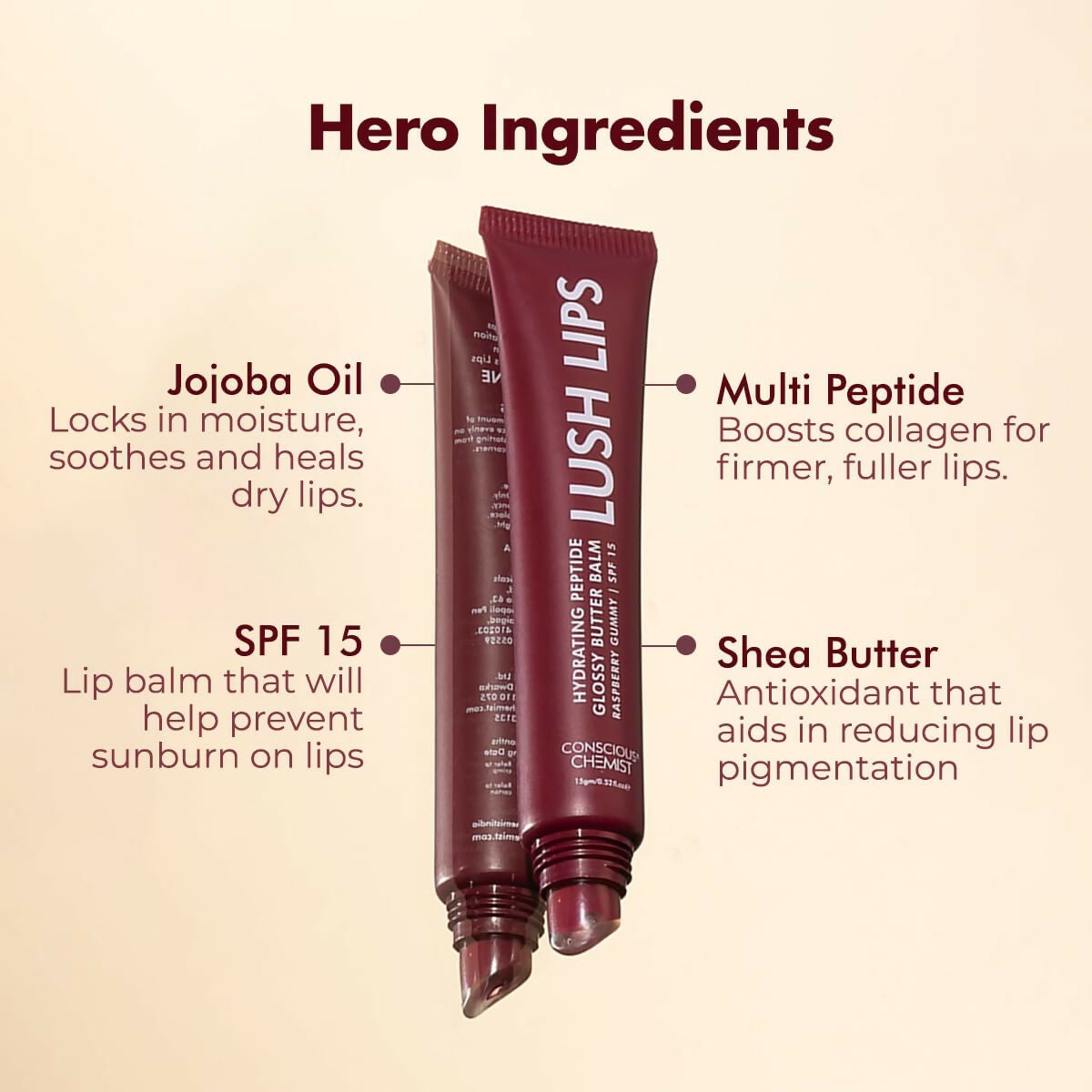 Conscious Chemist Peptide Lip Balm, Lush Lips with SPF15 - Raspberry Gummy | Grocsy