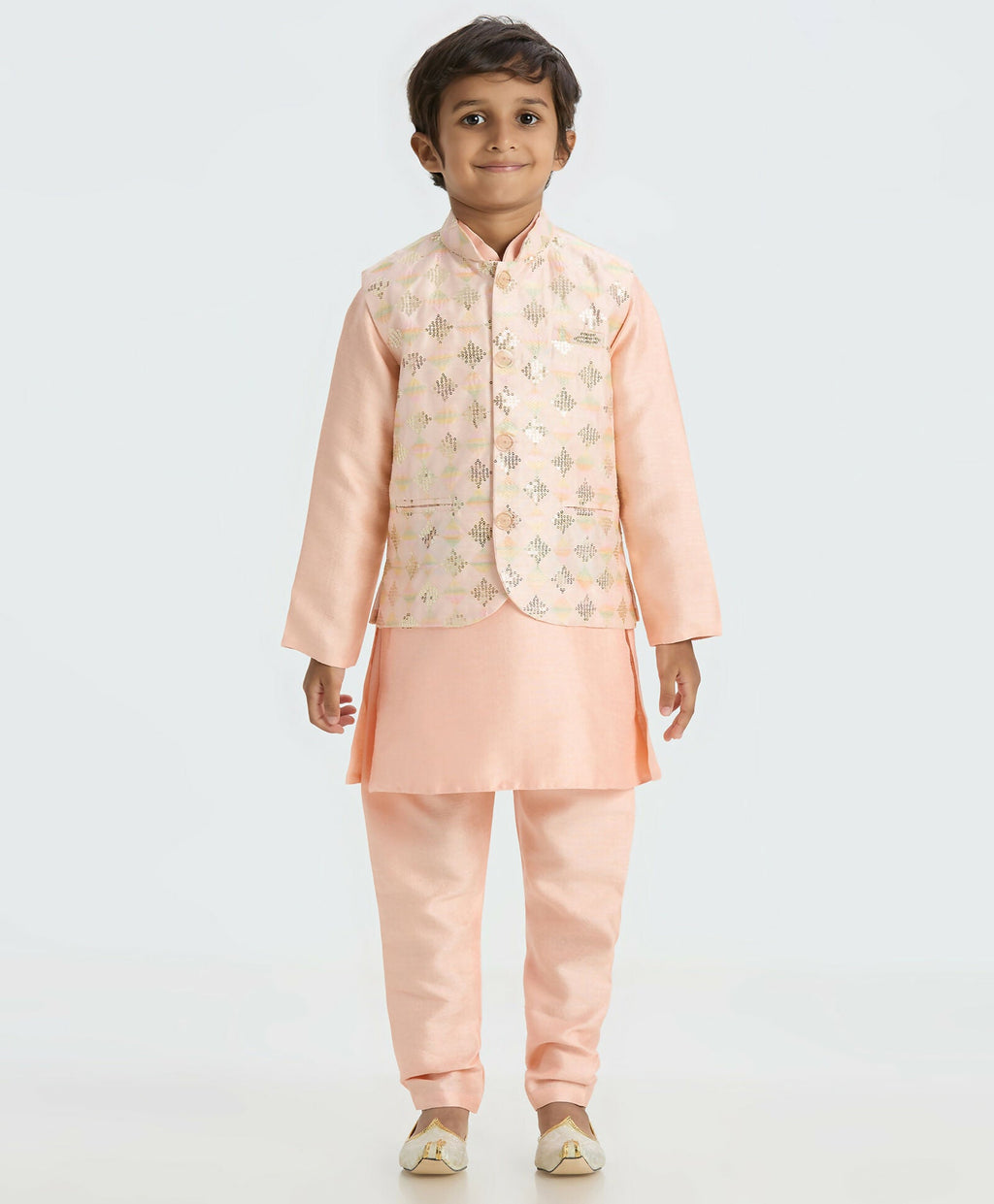 Joban Fashion Kids Island Traditional with a modern touch Nehru Jacket Full Sleeves Kurta, Pyjama Set - Peach | Grocsy