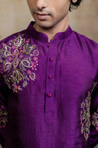 Falling Raw Silk Purple Mayura Cham Set By Hilo Design | Grocsy