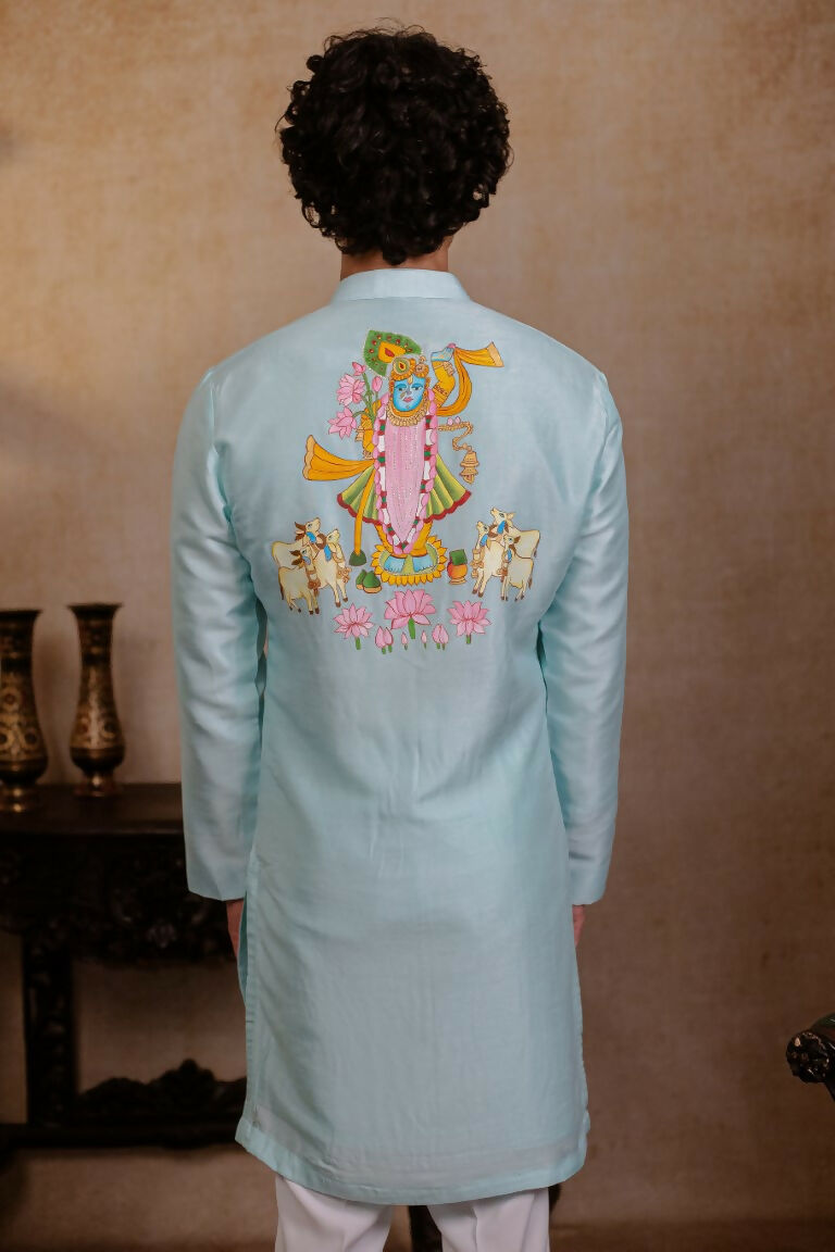 Falling Raw Silk Sea Green Vrindavan Lotus Kurta By Hilo Design | Grocsy