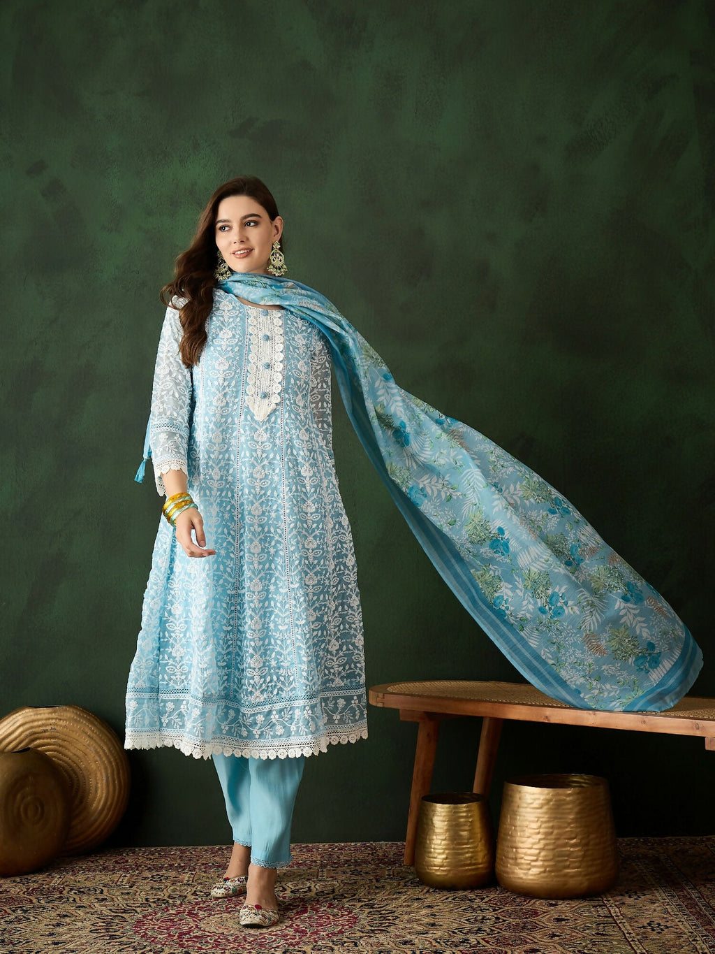 Blue Crystal Organza schiffli embroidery Kurta With Trouser & Dupatta - Bhumi | Grocsy