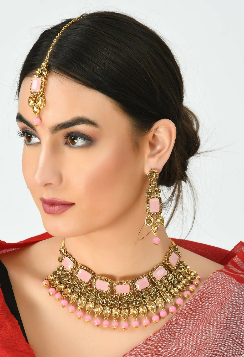 Mominos Fashion Johar Kamal Gold-Polished Brass Finish Kundan/Stone Choker For Women (Baby Pink) | Grocsy