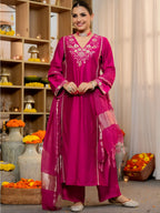 The52 Women's Beautiful Viscose Silk Fabric Embroidery Work A-Line Kurta Pant and Dupatta Set | Grocsy