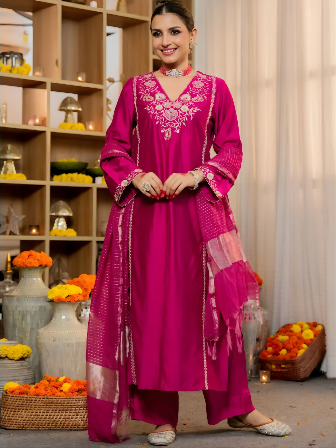 The52 Women's Beautiful Viscose Silk Fabric Embroidery Work A-Line Kurta Pant and Dupatta Set | Grocsy