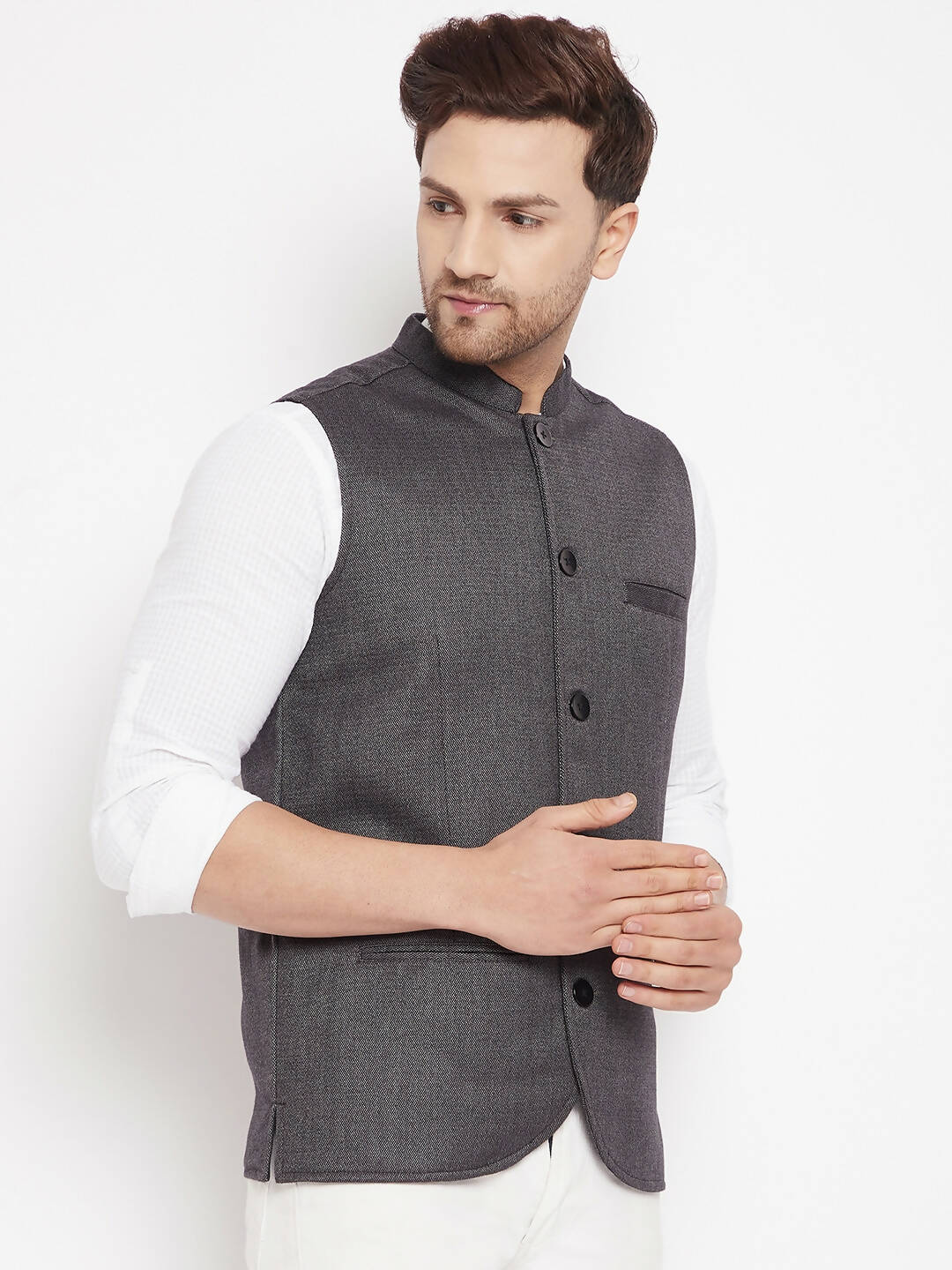 Even Apparels Grey Merino Men Woven Nehru Jacket PW685 | Grocsy