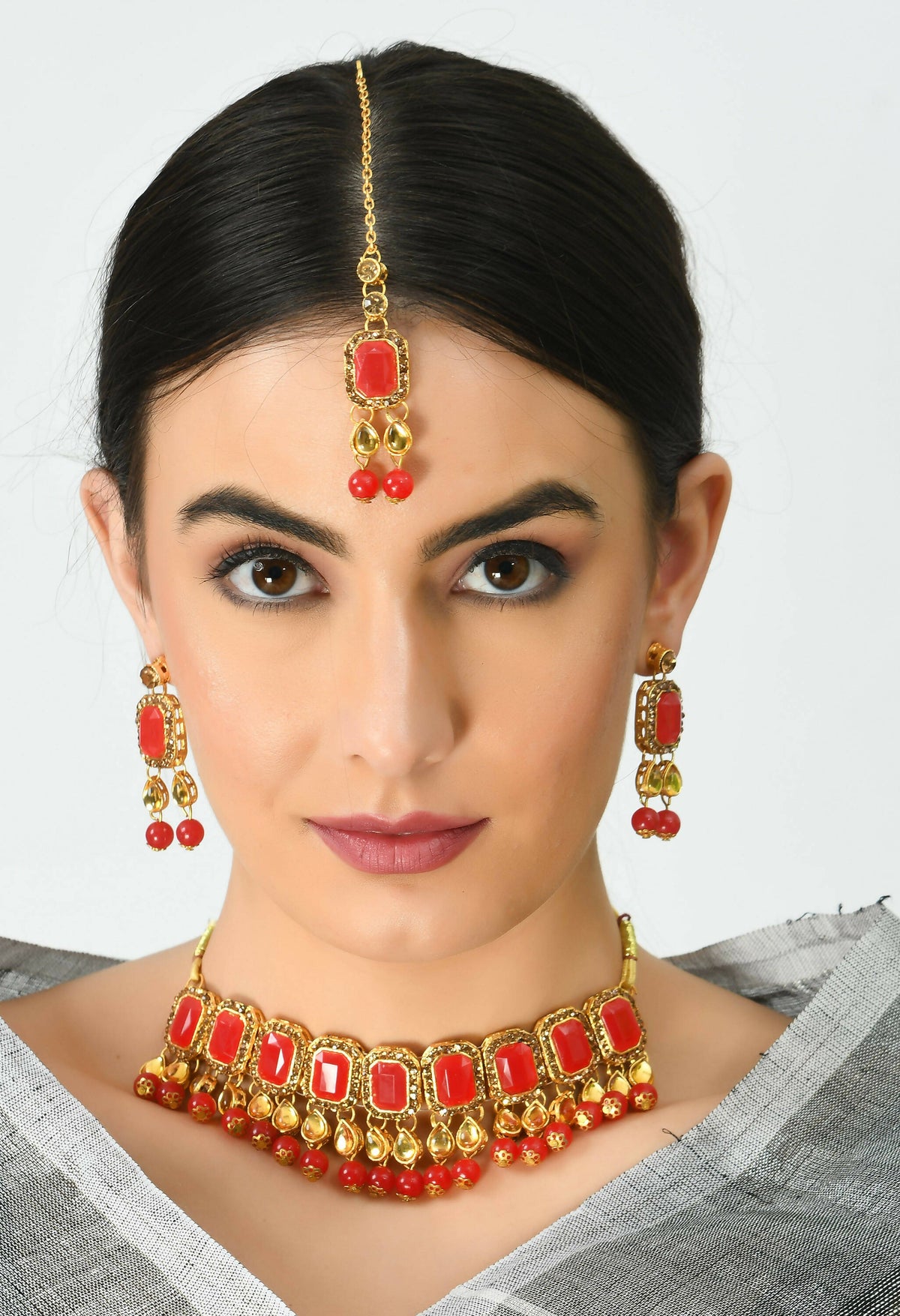 Mominos Fashion Johar Kamal Gold-Polished Brass Finish Kundan/Pearls Choker For Women (Red) | Grocsy