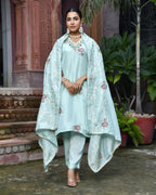 Vaasva Women's Tissue Silk Emboidered Suit Set With Solid Pant & Solid Embroidered Dupatta | Grocsy