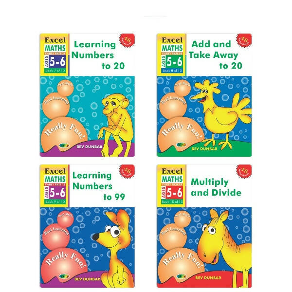 Excel Maths Early Skills Ages 5-6 Year Books for Senior KG| Set of 4| Numbers, Addition, Subtraction, Multiply, Divide | Grocsy