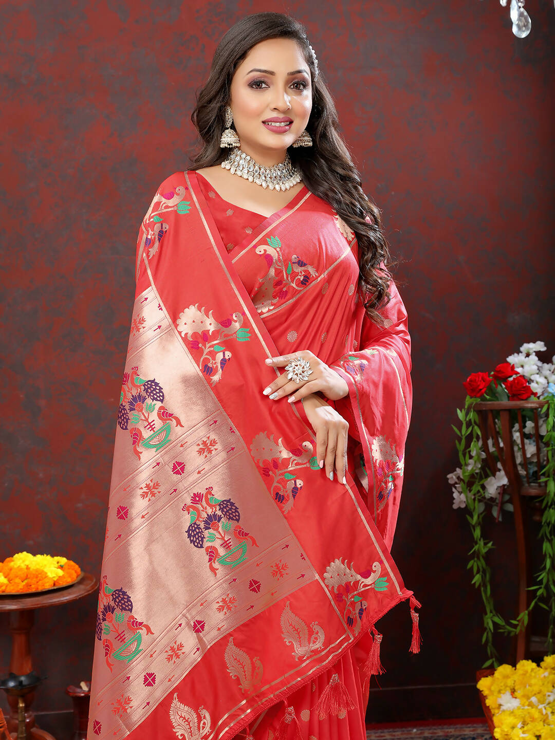 Lorenvalley Fashion Red Soft Paithani Silk Woven Design Copper Zari Meenakari Weaving Saree | Grocsy