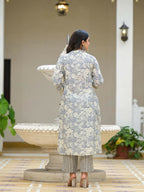 Juniper Women's Grey Floral Printed Cotton Kurta Set With Buttons | Grocsy