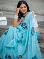 Prime Volt Women's Sky Blue Floral Digital Print Soft Linen Saree With Blouse | Grocsy