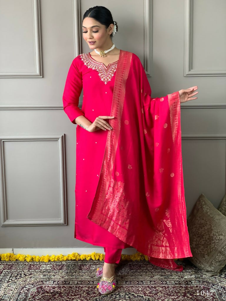 Partywear Designer Viscos Chanderi Red Stitched Suit With Dupatta - Tanisha | Grocsy