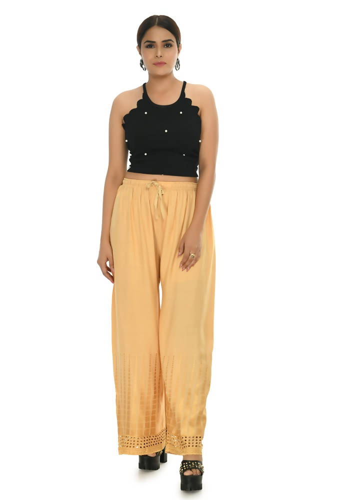 Mominos Fashion Moeza Reyon Cotton Golden Color Cut Work Palazzo | Grocsy