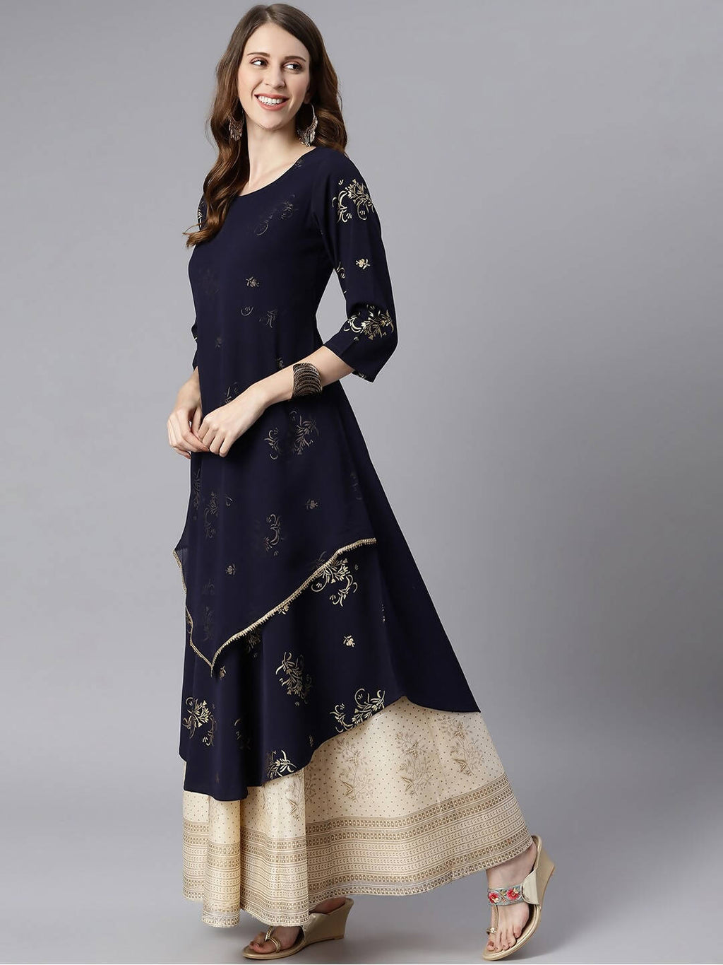 Janasya Women Navy Blue Quirky Embellished Crepe Anarkali Kurta | Grocsy
