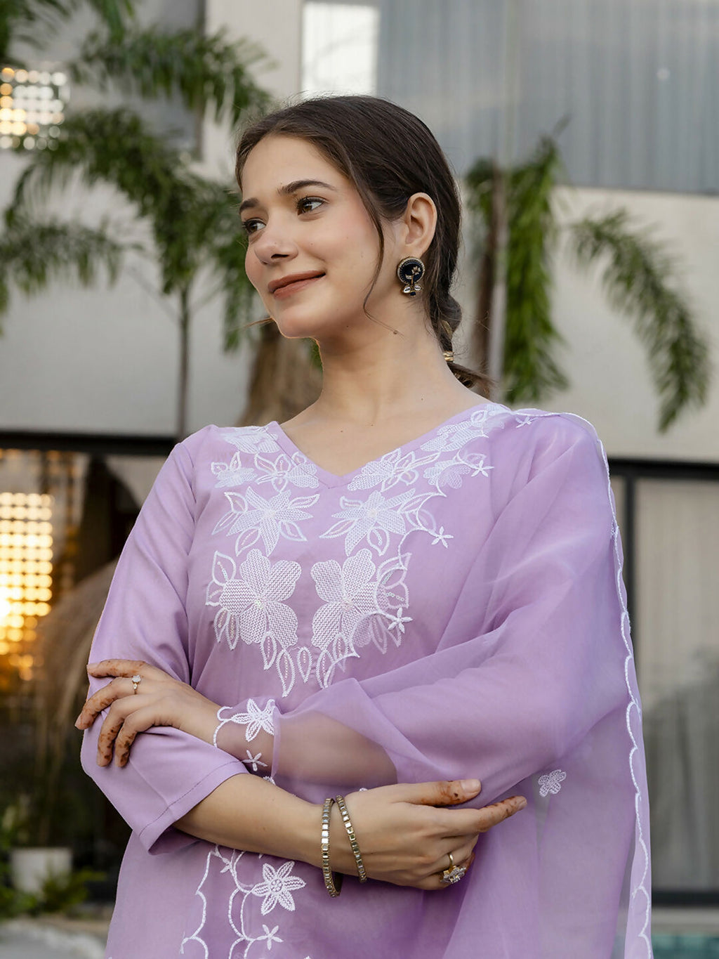 The52 Lavender Women's Beautiful Thread work Rayon Fabric with Straight Kurta, Pant and Dupatta Set | Grocsy