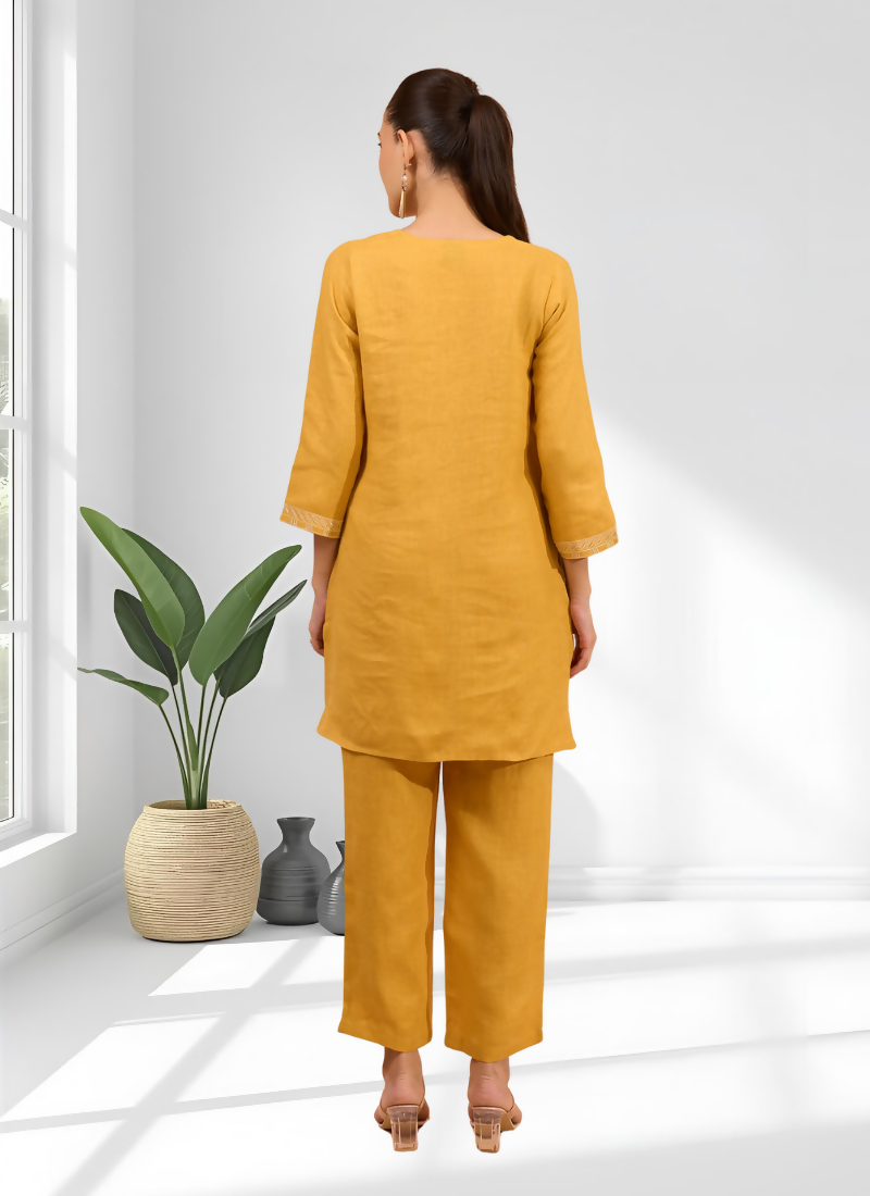 Joban Fashion Mustard Linen Embroidered Readymade Cord Set | Grocsy