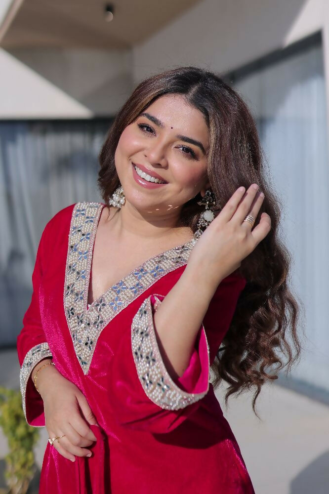 Joban Fashion Pink Kurta Set Velvet Sequins , Zari, Coding & Thread Embroidered work | Grocsy