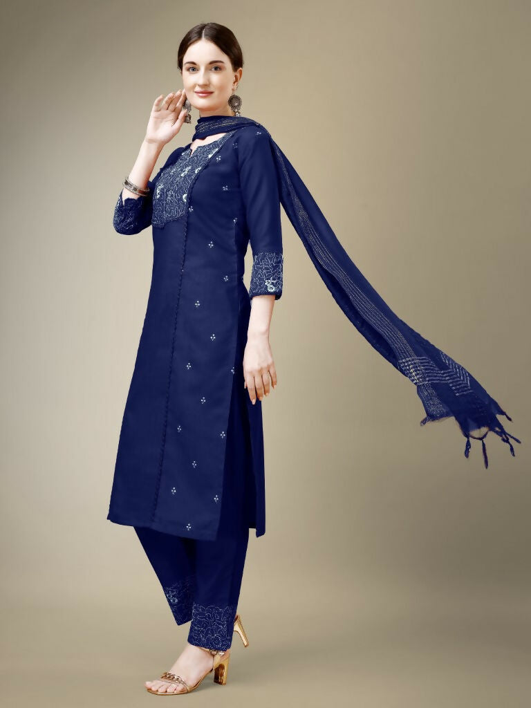 Jyoti Fashion Women's Navy Blue Cotton Blend Embroidery & Fancy Lace work Kurta with Trouser & Dupatta | Grocsy