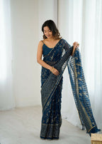 PR Fashion Morpich Georgette Patta Plain With Foil Work And Small Lace And Zalar Lace Saree | Grocsy