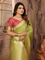 Anaita Light Green Soft Silk With Zari Weaving Borders Saree With Blouse | Grocsy