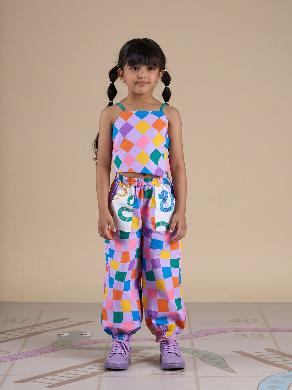 Snakes and Ladders Girls Multi Color Rotary Print Top and Pant Set from Siblings Collection | Grocsy