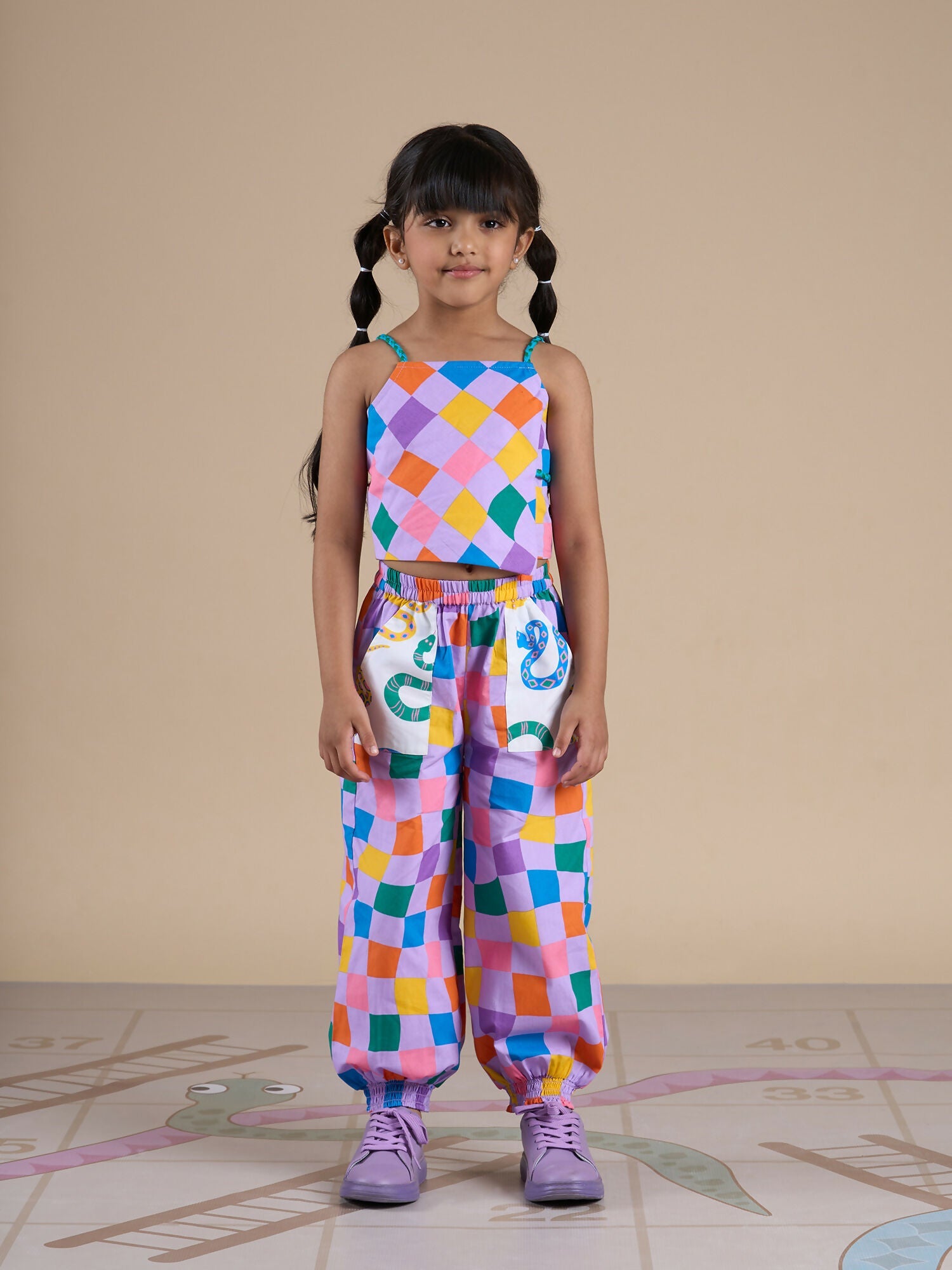 Snakes and Ladders Girls Multi Color Rotary Print Top and Pant Set from Siblings Collection | Grocsy