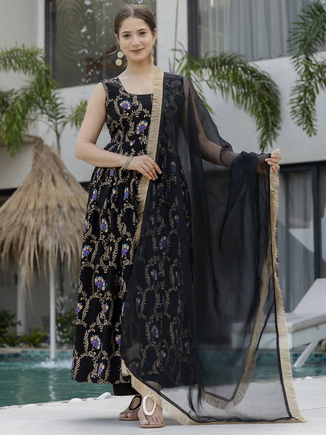 The52 Black Women's Gorgeous Printed Muslin Fabric Flared Kurta Pant and Dupatta Set | Grocsy
