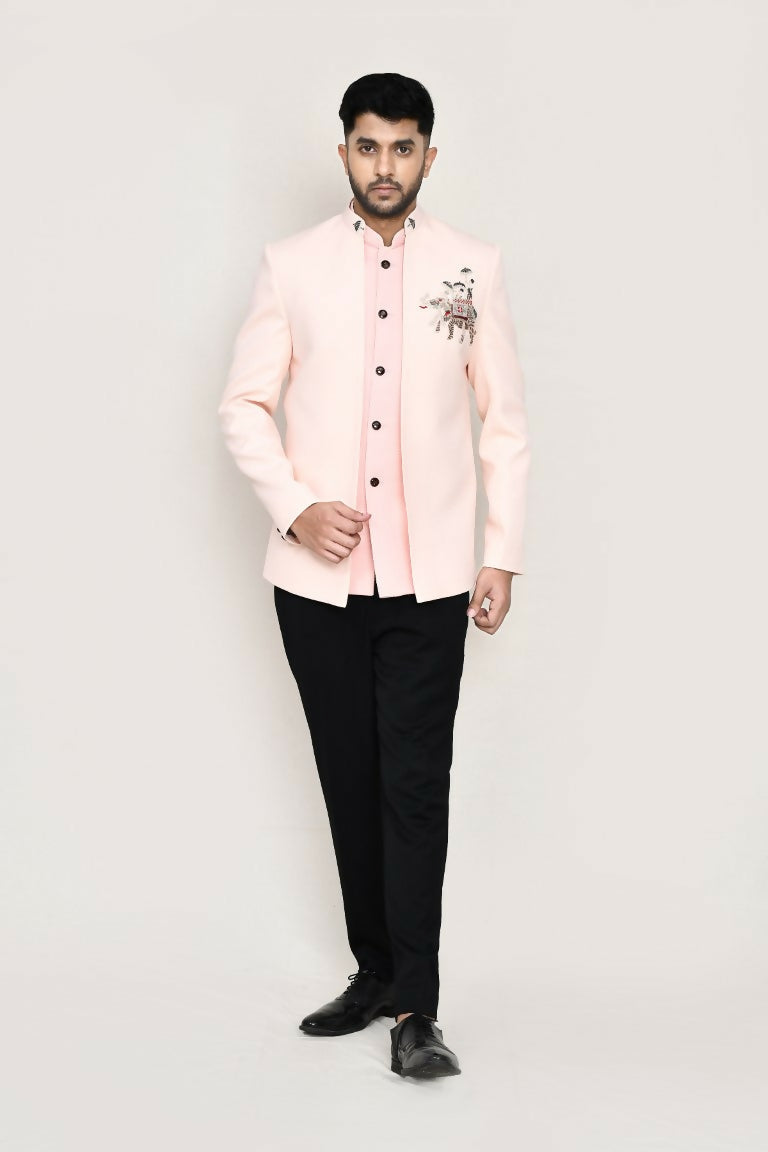 Joban Fashion Peach Colored Imported Polyester Fabric Open Prince Coat, Jacket With Pant | Grocsy
