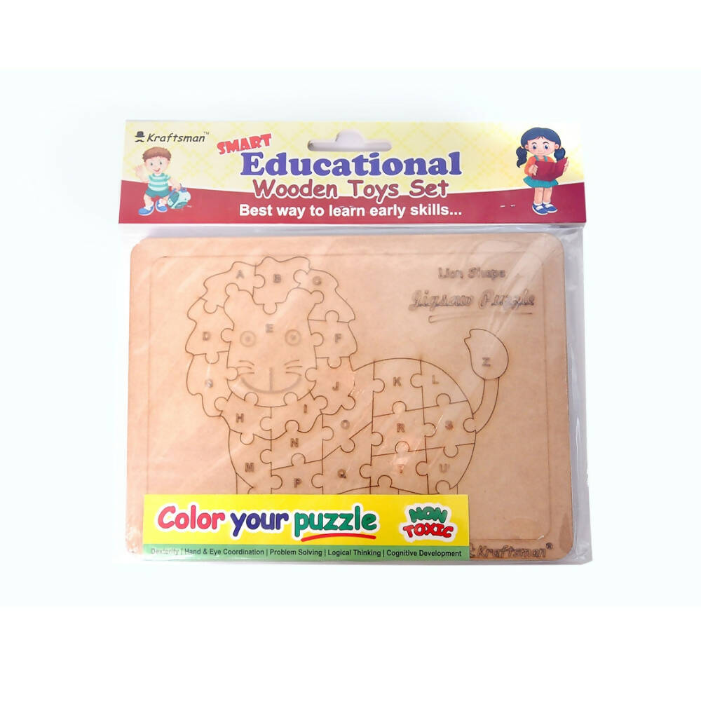 Kraftsman English Alphabets Wooden Jigsaw Puzzles Lion Shape Puzzle | Color Kit Included | Grocsy