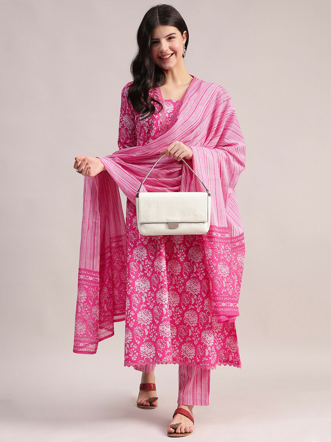 Aavyora Women's Pink Floral Print Cotton A-Line Kurta with Striped Trouser & Dupatta | Grocsy