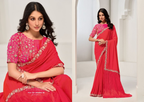 Red Crepe 2 tone silk Sequence & Handwork Saree with Unstitched Blouse - Norita Saanjh | Grocsy