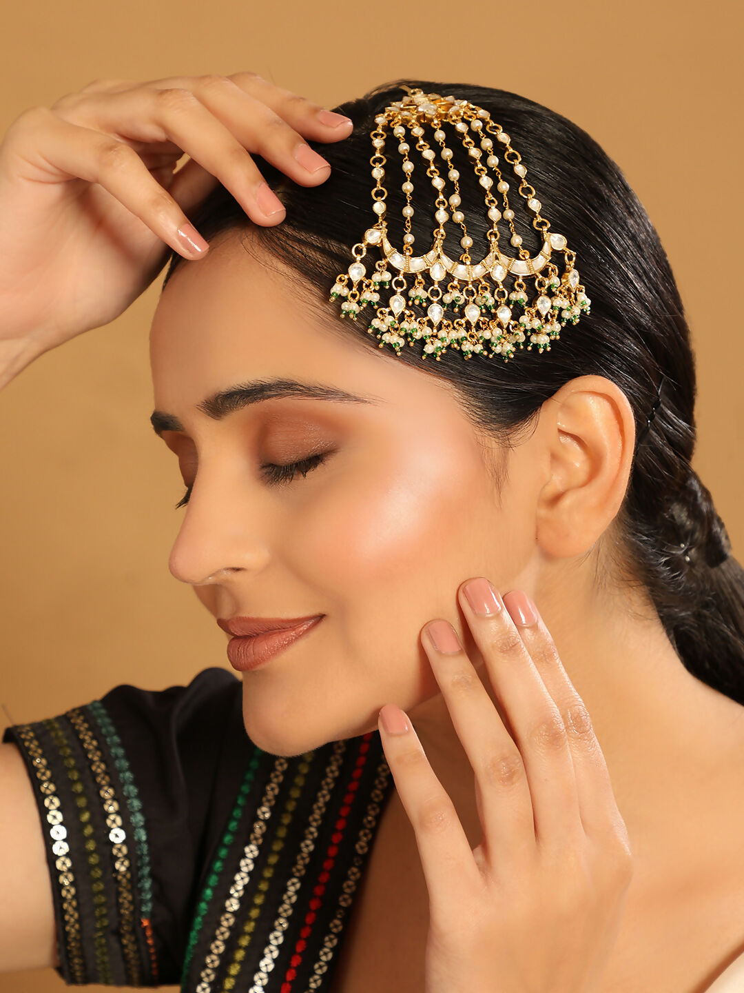 Nuyug 22K Gold-Plated Kundan Studded Jhumar Paasa Statement Head Jewellery | Grocsy