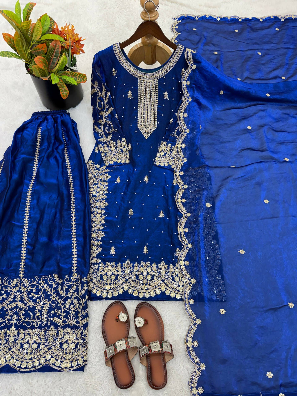 Teeya Creation Womens New Trendy Embroidery Coding And Sequence Work Royal Blue Kurta Set | Grocsy