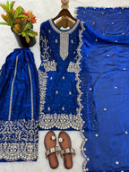 Teeya Creation Womens New Trendy Embroidery Coding And Sequence Work Royal Blue Kurta Set | Grocsy