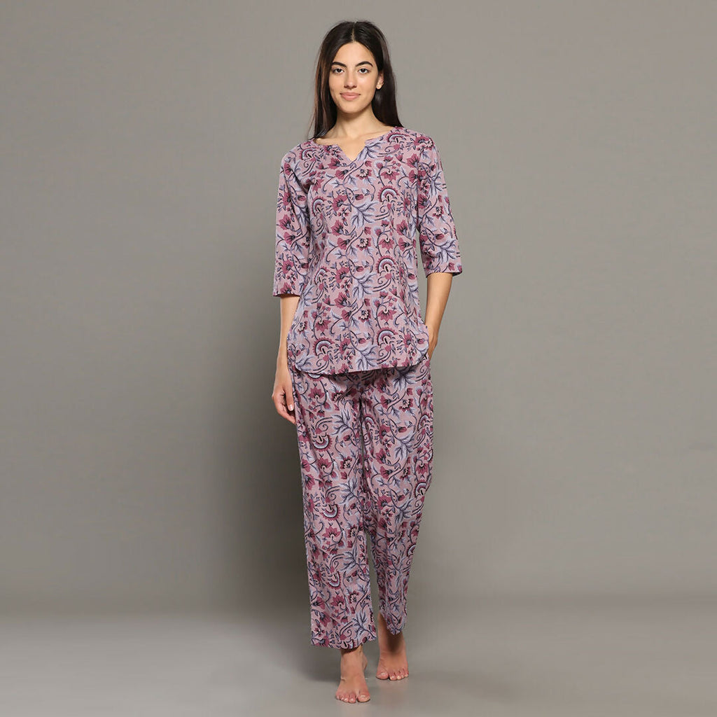Breathables Women Cotton Printed Loungewear Kurta And Pants Co-Ord Set Pink I Night Wear | Floral Print | Grocsy