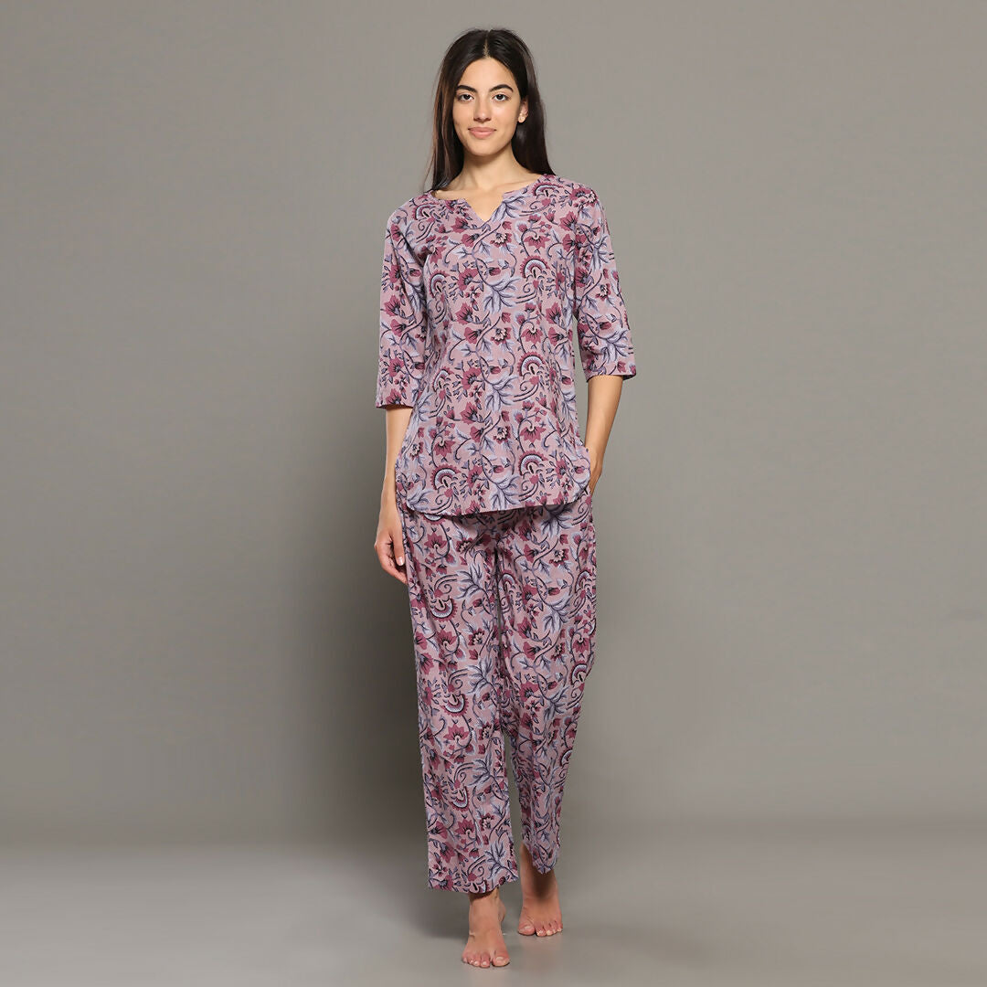 Breathables Women Cotton Printed Loungewear Kurta And Pants Co-Ord Set Pink I Night Wear | Floral Print | Grocsy