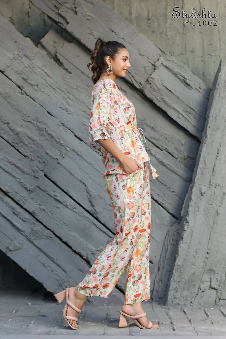 Women's Partywear Designer White & Multi Muslin co-ord set - Stylishta | Grocsy