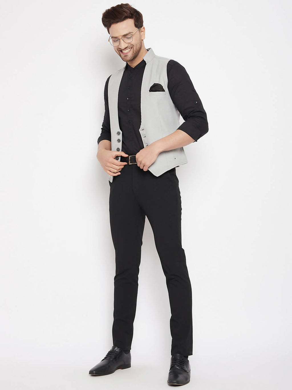 Even Apparels Grey Merino Men Woven Nehru Jacket | Grocsy