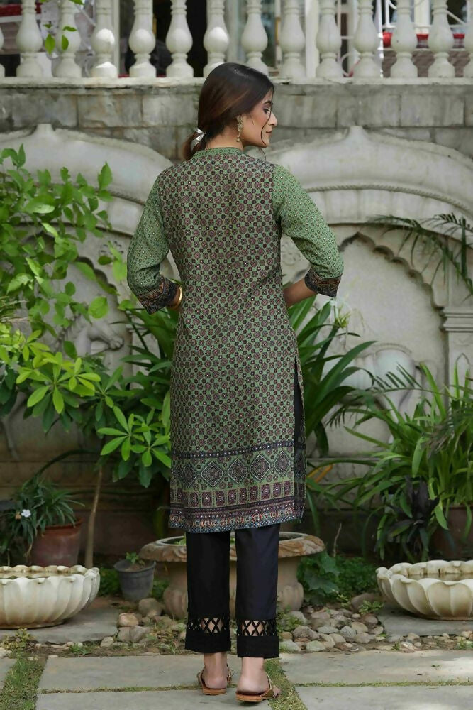 Juniper Green Ethnic Motif Printed Rayon calf length Kurta with Beads & Gota Work | Grocsy